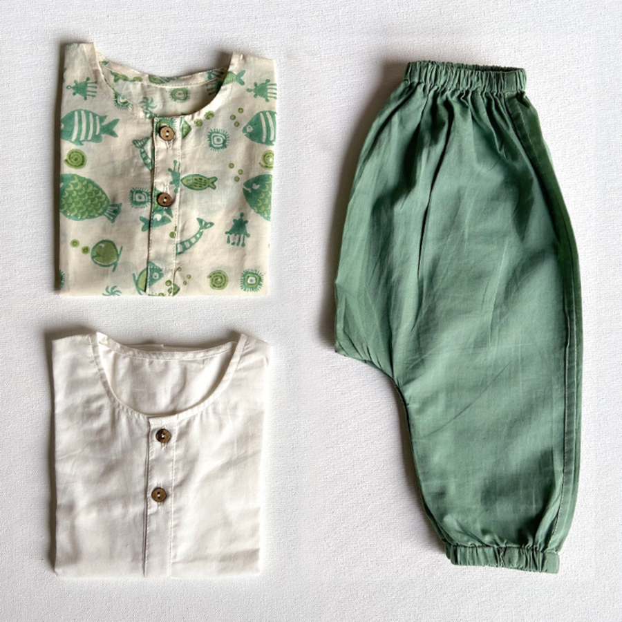 Whitewater Kids Unisex Organic Koi Mint & White Kurta Set