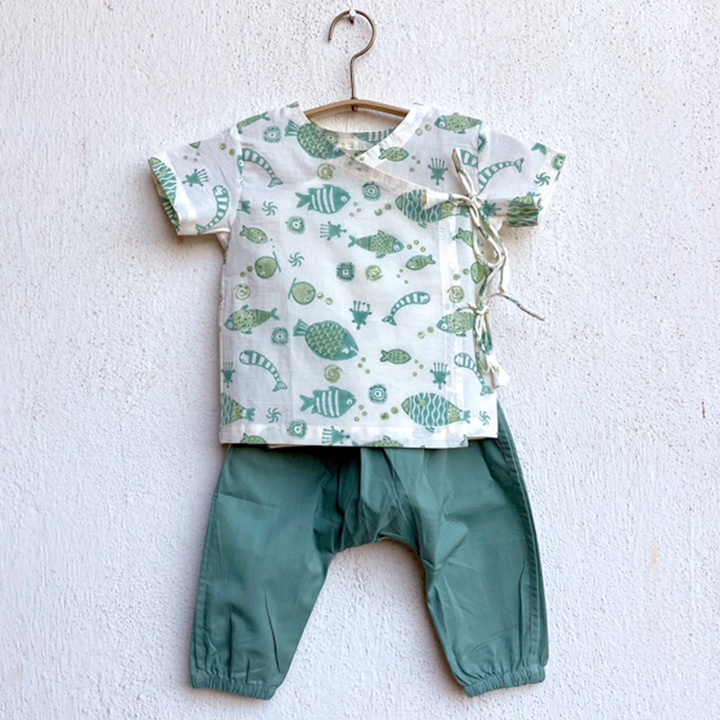 Whitewater Kids Unisex Organic Fish Print Angarakha Top &amp; Mint Pants