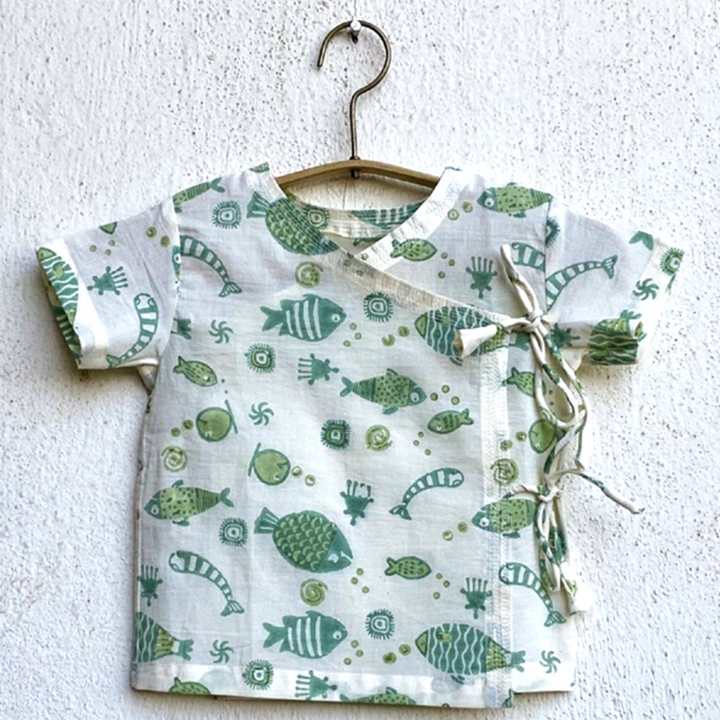 Whitewater Kids Unisex Organic Fish Print Angarakha Top &amp; Mint Pants