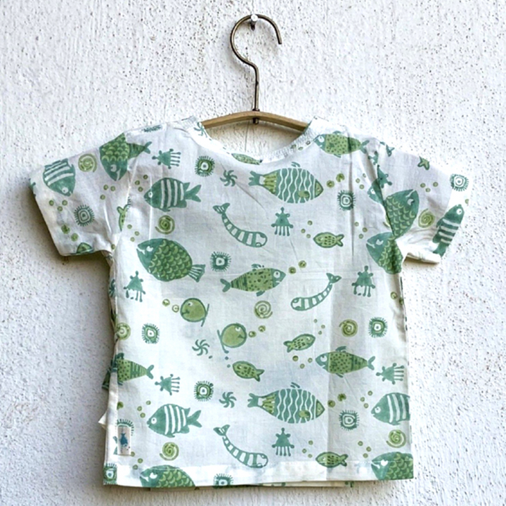 Whitewater Kids Unisex Organic Fish Print Angarakha Top &amp; Mint Pants