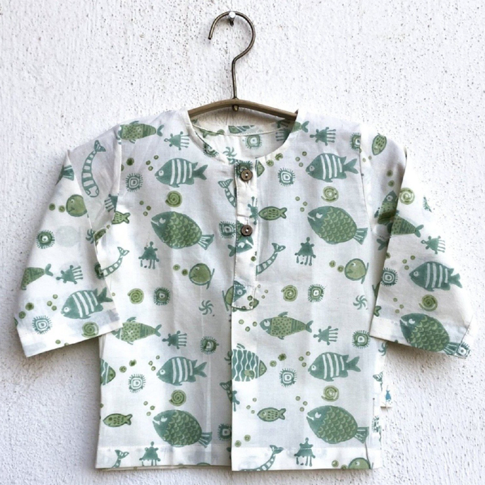 Whitewater Kids Unisex Organic Fish Print Kurta &amp; Mint Pants