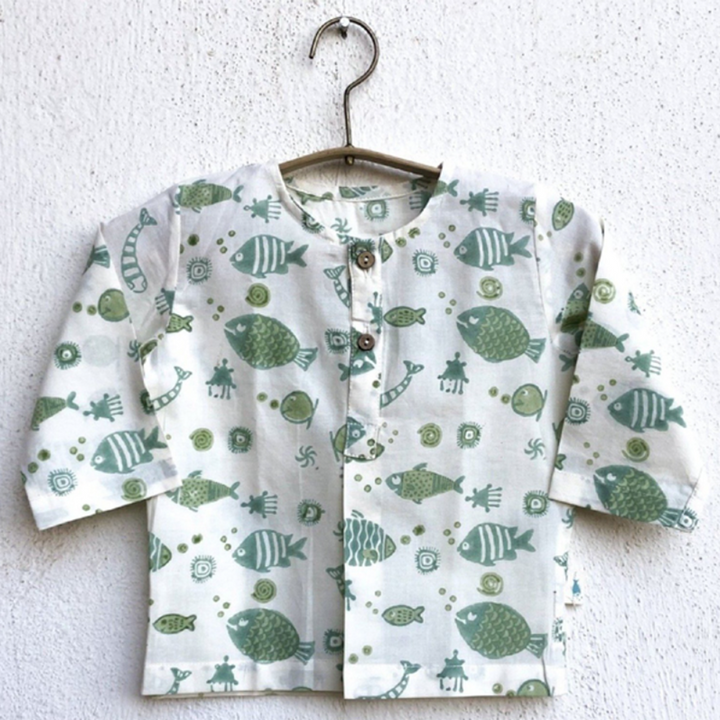 Whitewater Kids Unisex Organic Fish Print Kurta &amp; Mint Pants