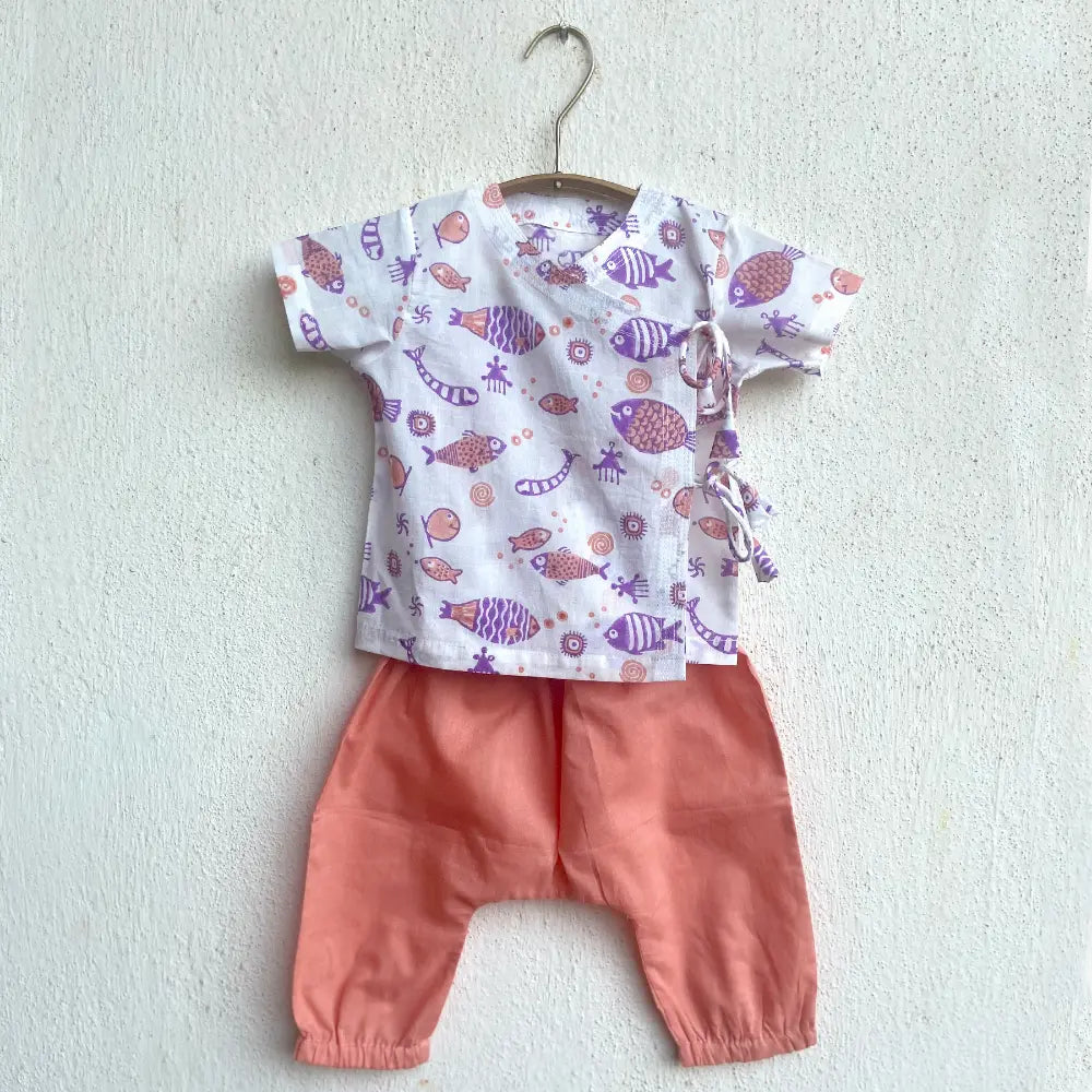 Whitewater Kids Unisex Organic Koi Peach Print Angrakha Top With Peach Pants
