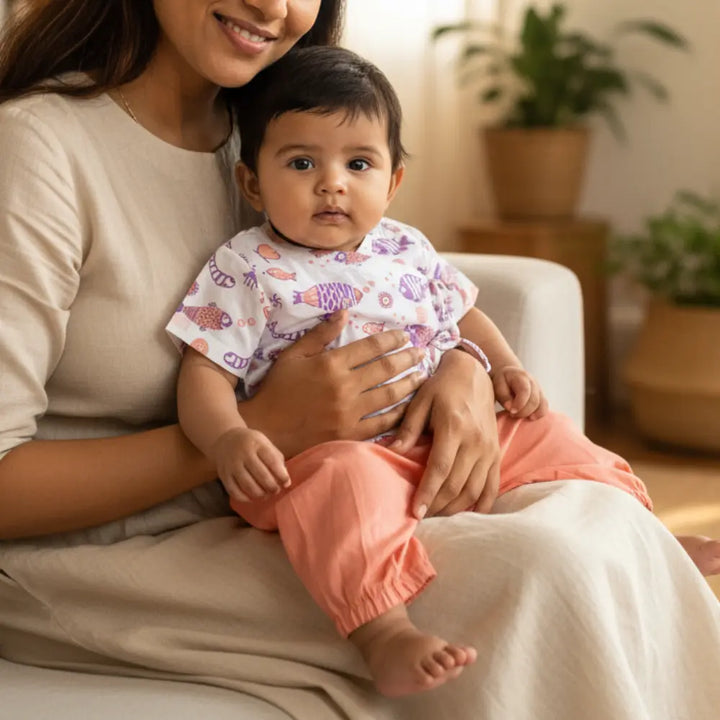 Whitewater Kids Unisex Organic Koi Peach Print Angrakha Top With Peach Pants
