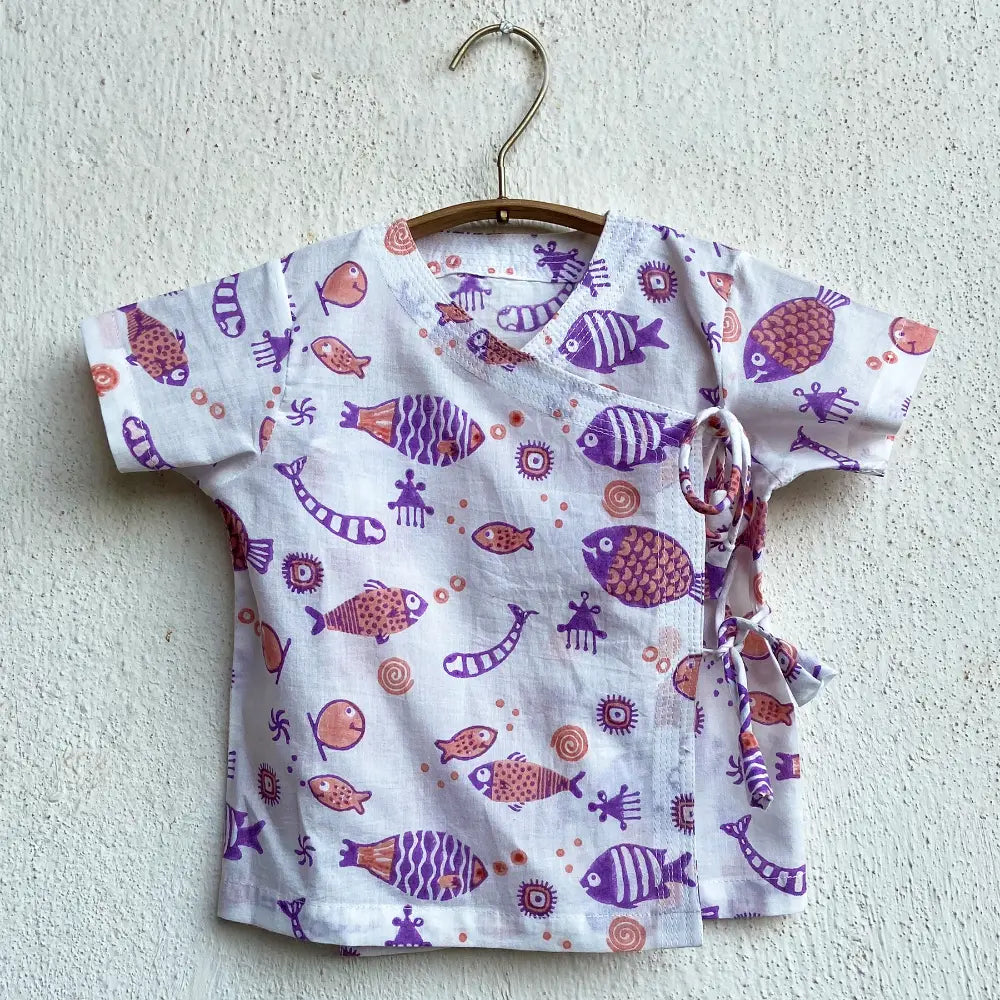 Whitewater Kids Unisex Organic Koi Peach Print Angrakha Top With Peach Pants