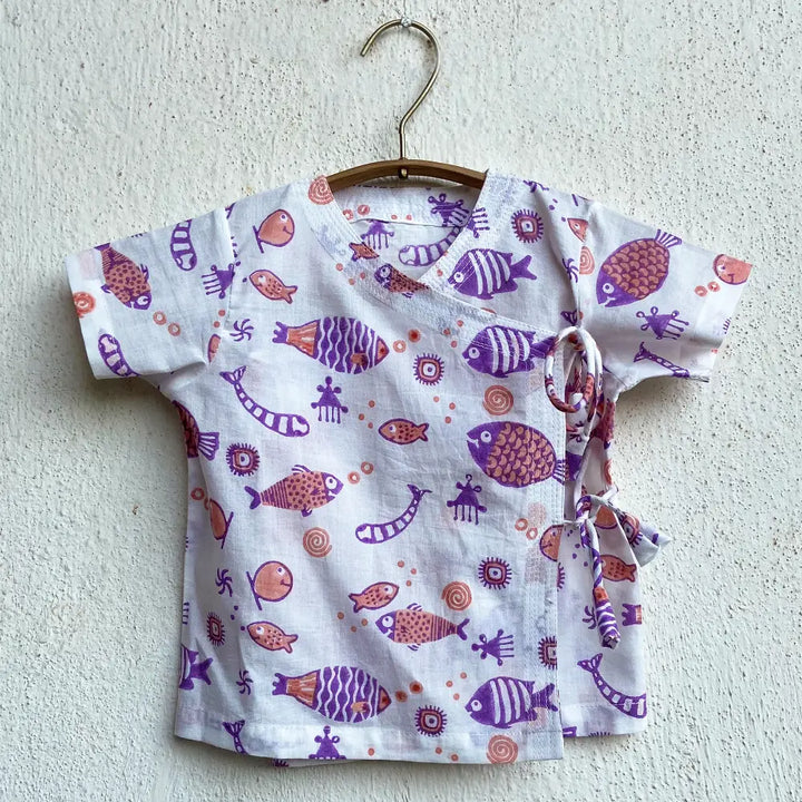 Whitewater Kids Unisex Organic Koi Peach Print Angrakha Top With Peach Pants