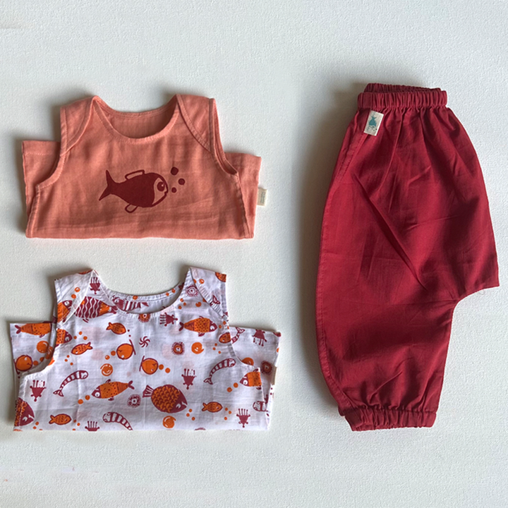 Whitewater Kids Unisex Organic Koi Jhabla Bag - Koi Red &amp; Peach Jhabla With Red Pants