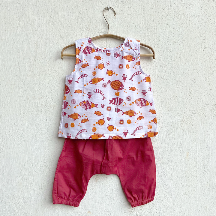 Whitewater Kids Unisex Organic Koi Jhabla Bag - Koi Red &amp; Peach Jhabla With Red Pants