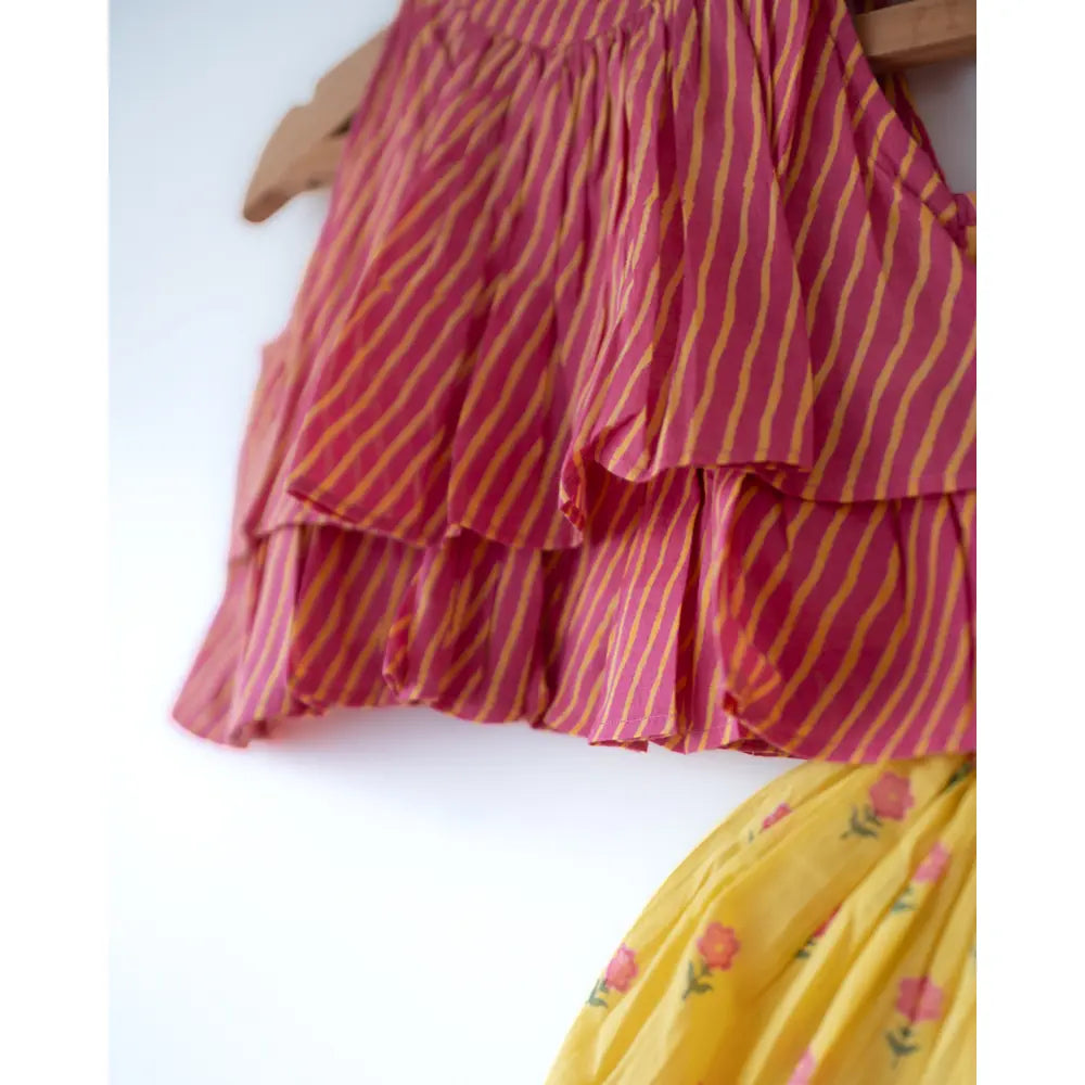 Love The World Today Meera Pink Striped Halter Choli and Yellow Floral Booti Lehenga Set For Girls