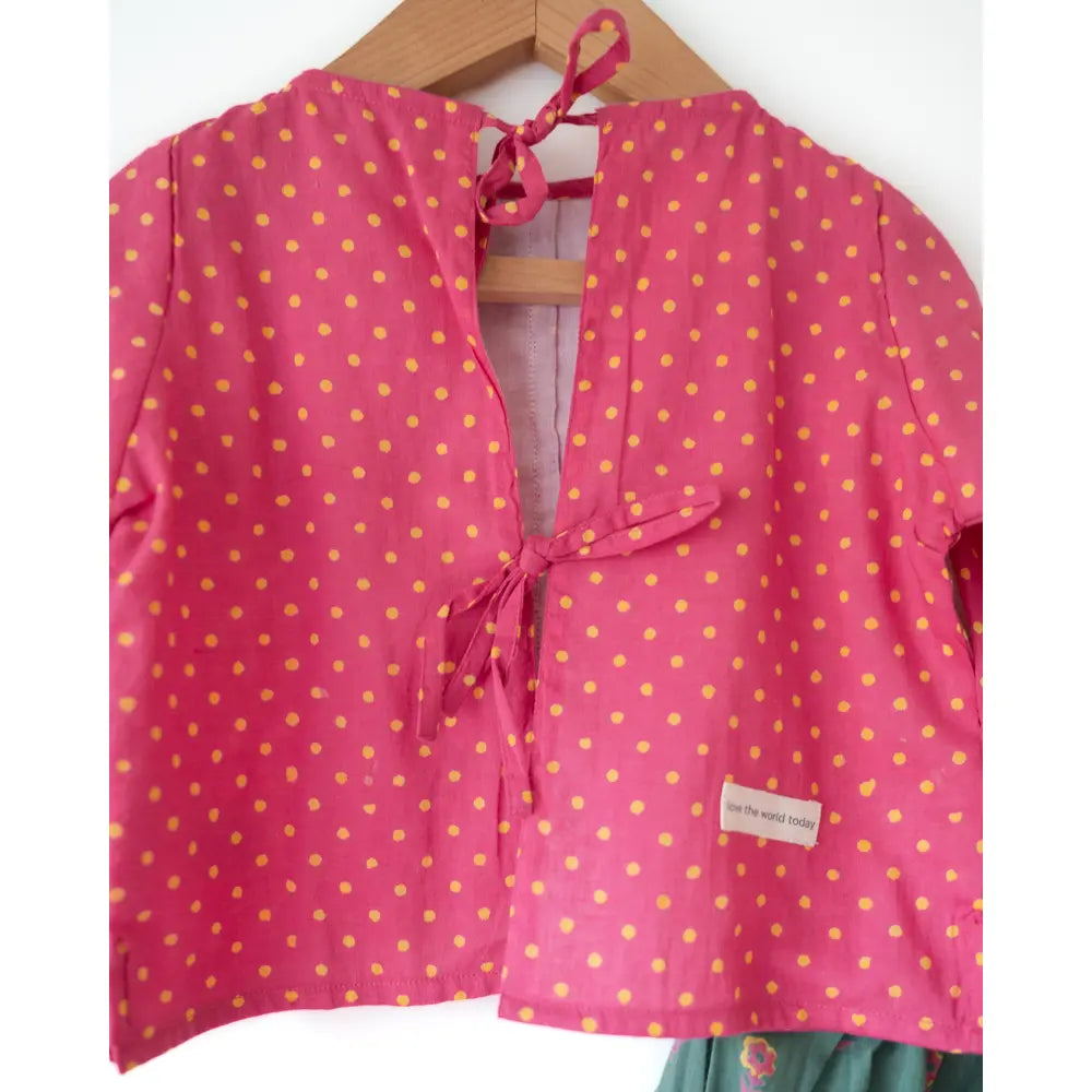 Love The World Today Kopal Magenta Polka Blouse &amp; Green Floral Booti Lehenga Set For Girls