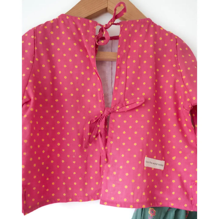 Love The World Today Kopal Magenta Polka Blouse &amp; Green Floral Booti Lehenga Set For Girls