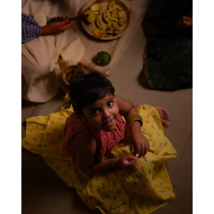 Love The World Today Kopal Magenta Polka Blouse &amp; Green Floral Booti Lehenga Set For Girls