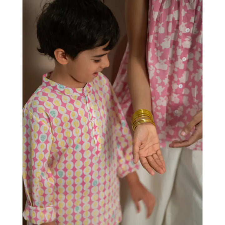 Love The World Today Leela Pink White Monstera Print Full Sleeve Shirt Kurta For Boys