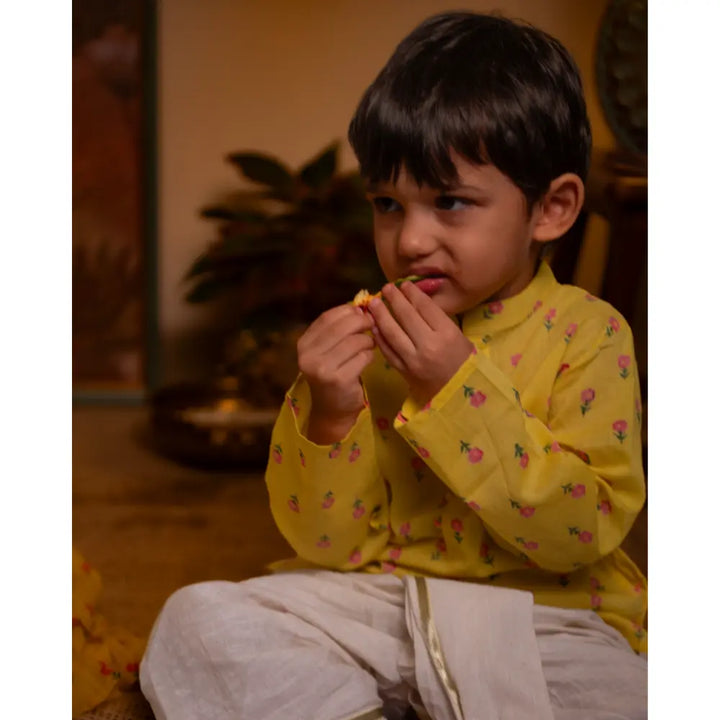 Love The World Today Meera Yellow Flower Booti Cotton Kurta For Boys