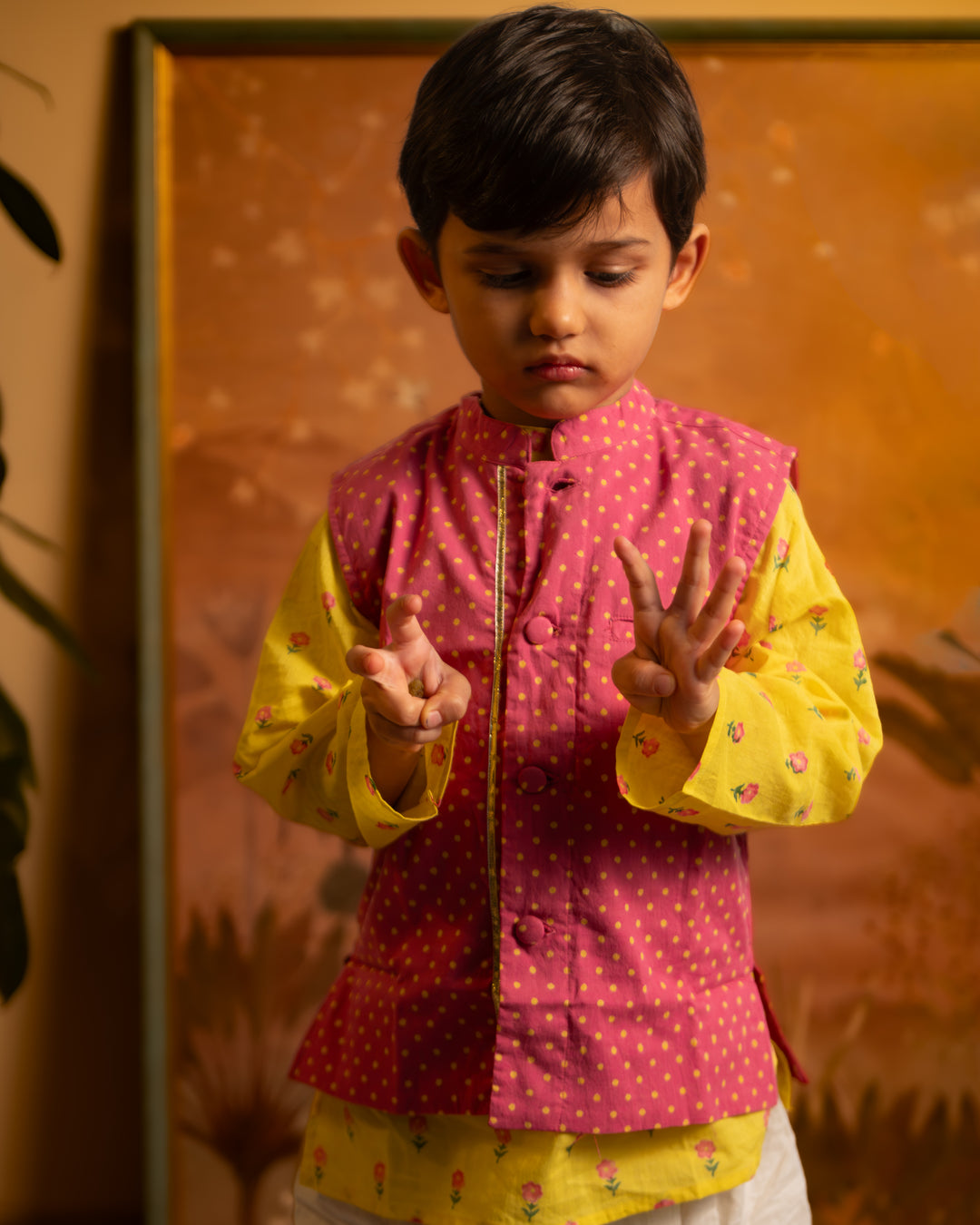 Love The World Today Kumkum Magenta Polka Cotton Bandi Jacket For Boys