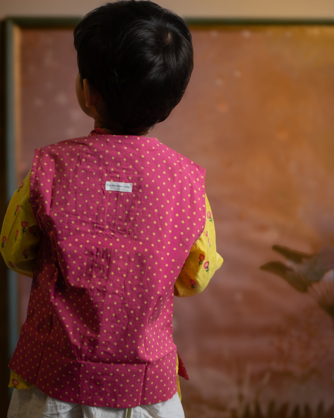 Love The World Today Kumkum Magenta Polka Cotton Bandi Jacket For Boys