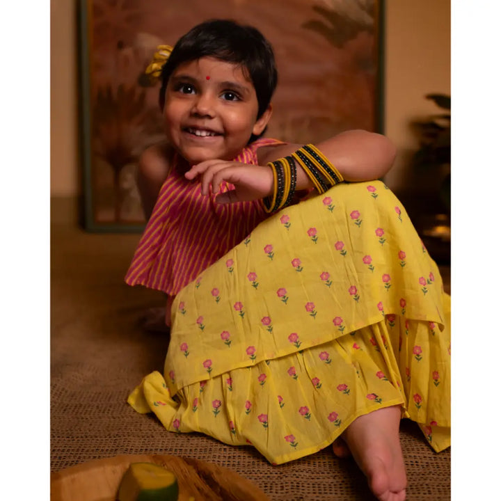Love The World Today Kopal Magenta Polka Blouse &amp; Green Floral Booti Lehenga Set For Girls