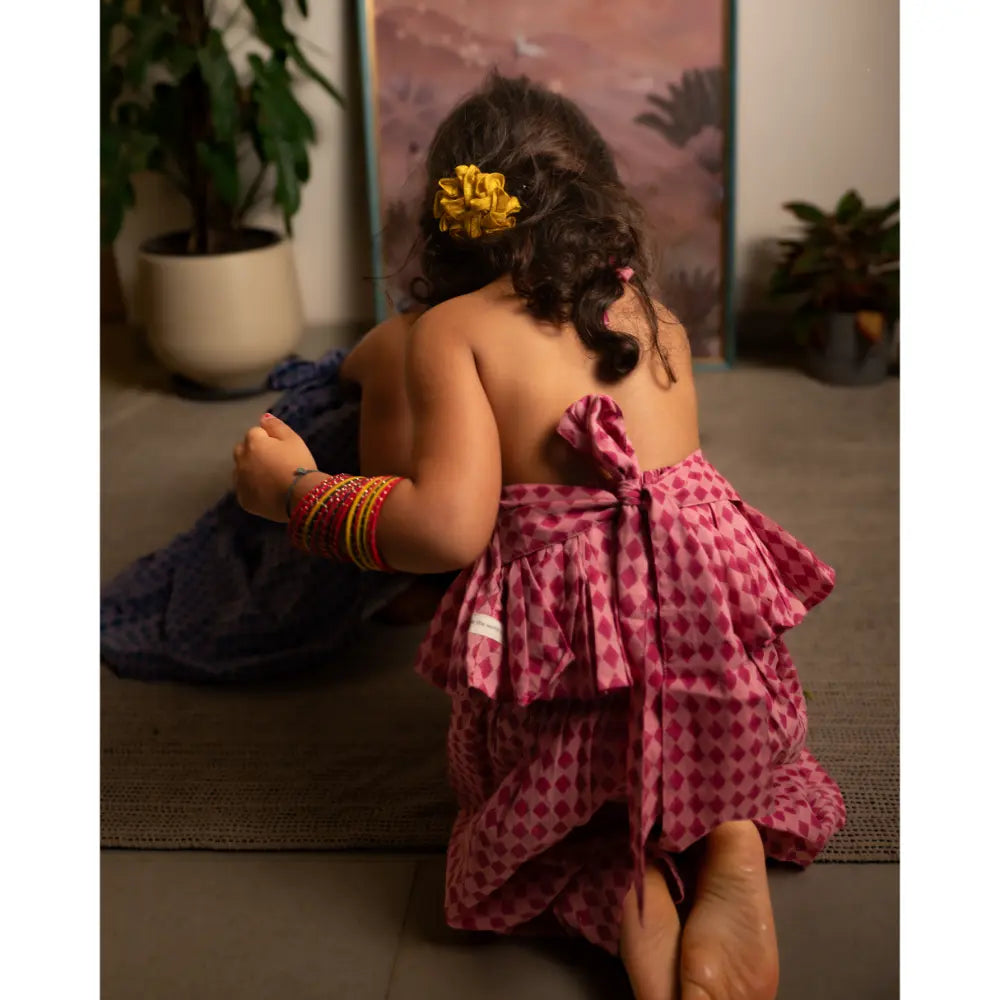 Love The World Today Mishri Pink Rhombus Halter Top &amp; Wide-Leg Palazzo Set For Girls