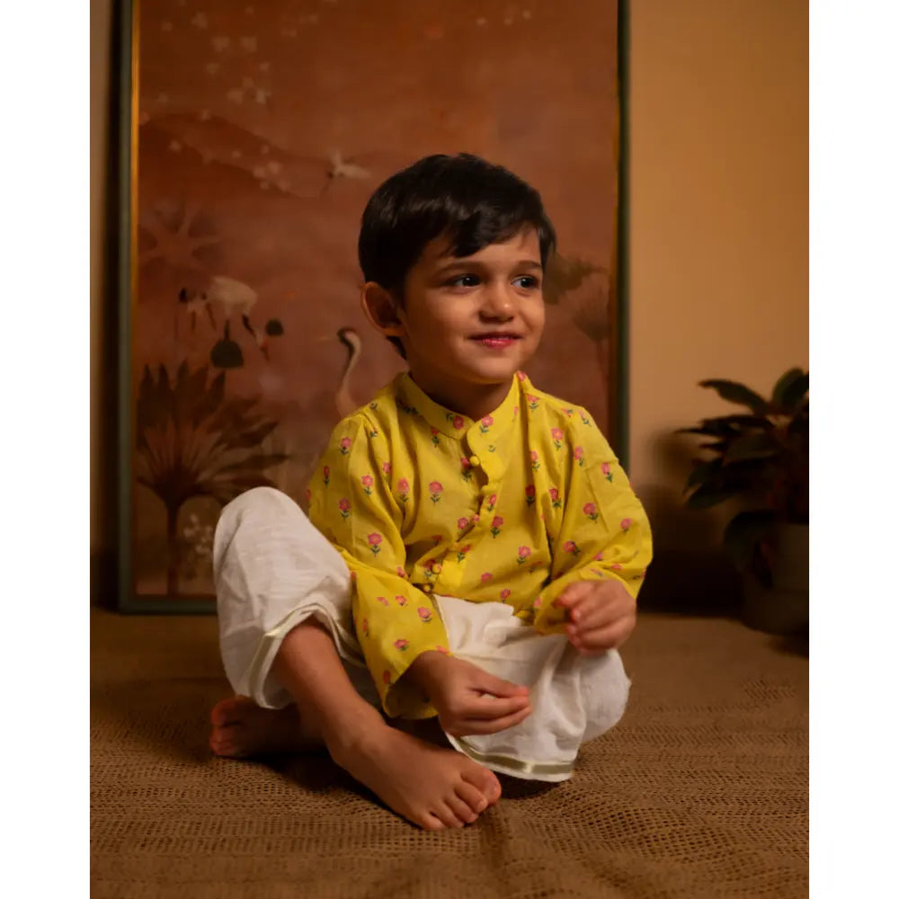 Love The World Today Meera Yellow Flower Booti Cotton Kurta For Boys