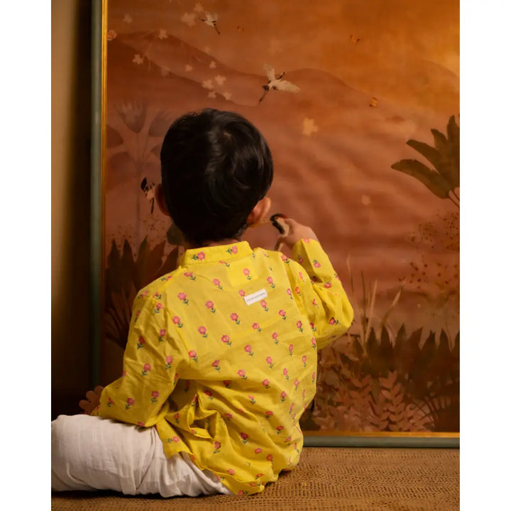 Love The World Today Meera Yellow Flower Booti Cotton Kurta For Boys