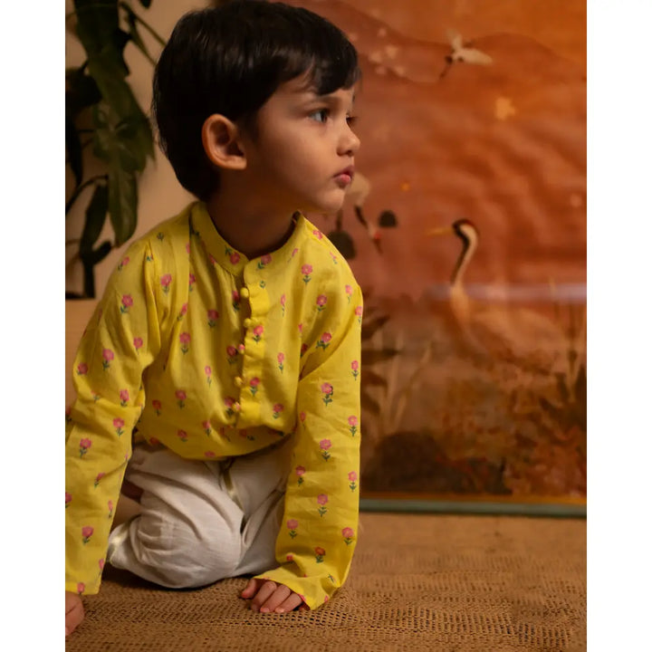 Love The World Today Meera Yellow Flower Booti Cotton Kurta For Boys