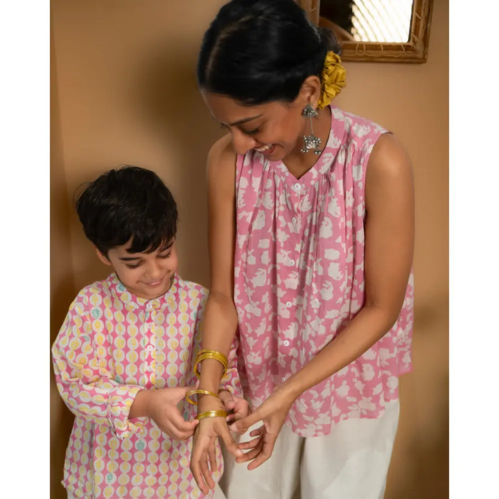 Love The World Today Leela Pink White Monstera Print Full Sleeve Shirt Kurta For Boys