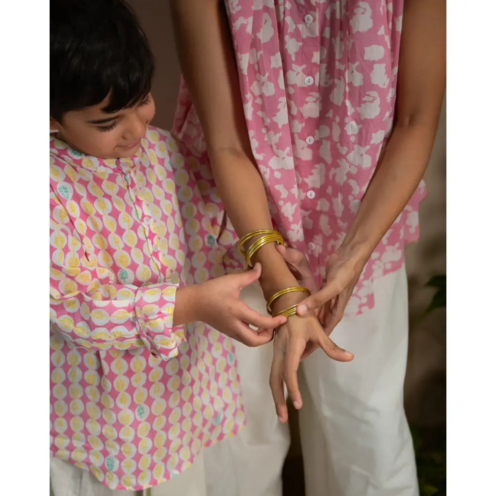 Love The World Today Leela Pink White Monstera Print Full Sleeve Shirt Kurta For Boys