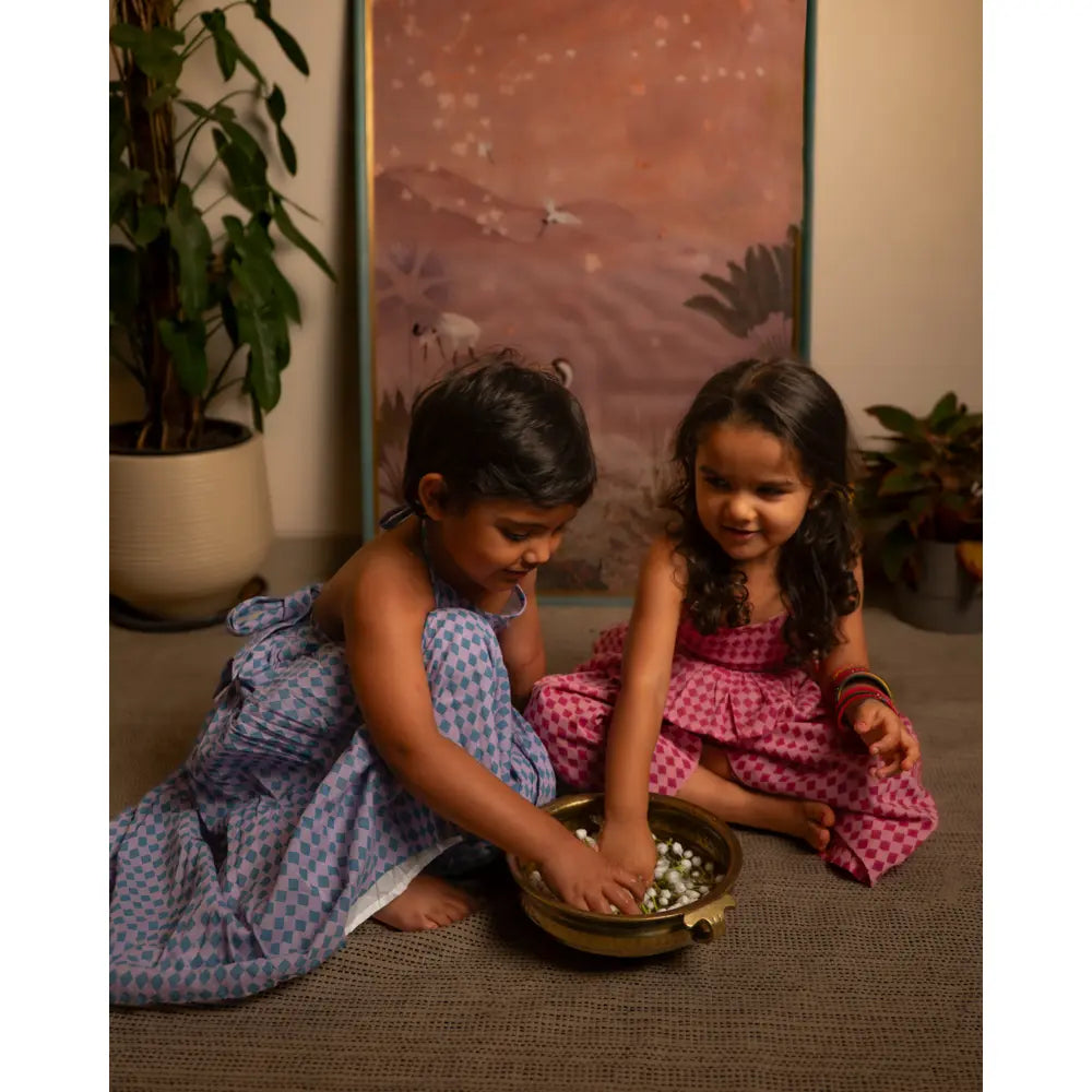 Love The World Today Mishri Pink Rhombus Halter Top &amp; Wide-Leg Palazzo Set For Girls