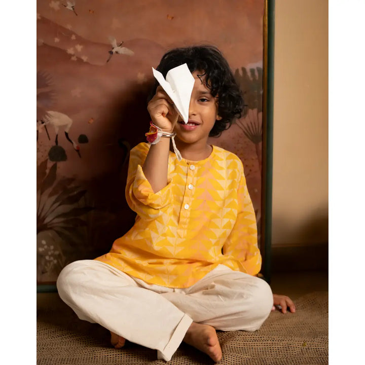 Love The World Today Chandan Mustard Yellow Chevron Cotton Kurta For Boys