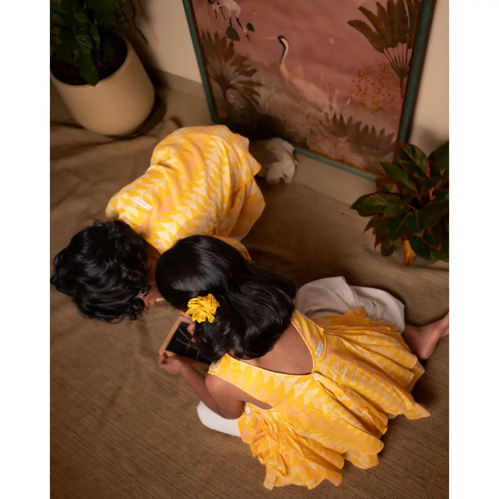 Love The World Today Chandan Mustard Yellow Ruffle Top &amp; Off-White Palazzo Set For Girls