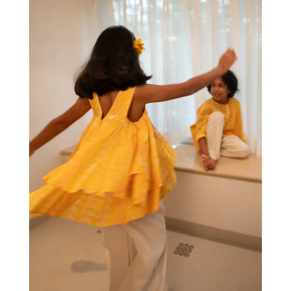 Love The World Today Chandan Mustard Yellow Ruffle Top &amp; Off-White Palazzo Set For Girls