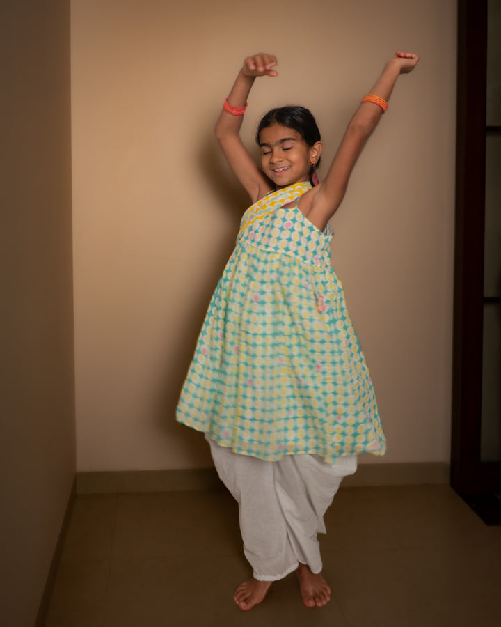 Love The World Today Rasa Green Monstera Print Kurta with White Cowl Dhoti Pants Set with Dupatta For Girls