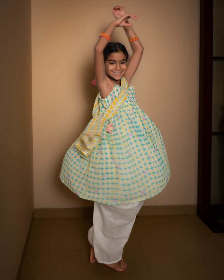 Love The World Today Rasa Green Monstera Print Kurta with White Cowl Dhoti Pants Set with Dupatta For Girls