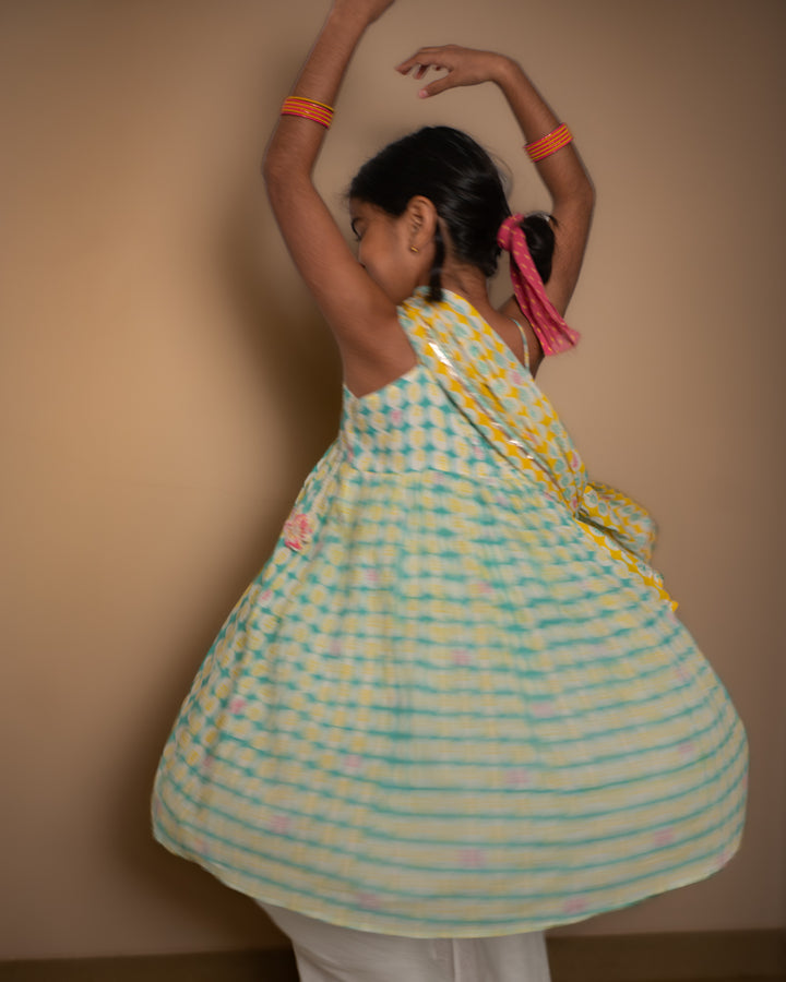 Love The World Today Rasa Green Monstera Print Kurta with White Cowl Dhoti Pants Set with Dupatta For Girls