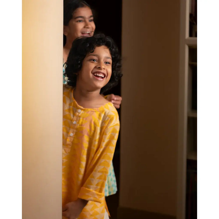 Love The World Today Chandan Mustard Yellow Chevron Cotton Kurta For Boys