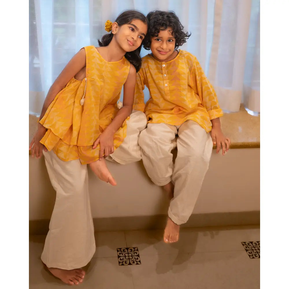 Love The World Today Chandan Mustard Yellow Ruffle Top &amp; Off-White Palazzo Set For Girls
