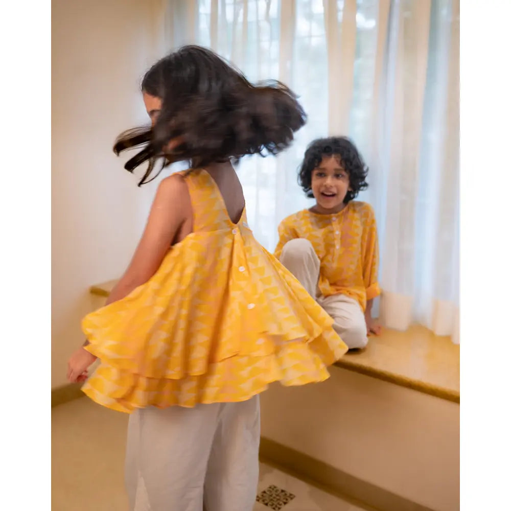 Love The World Today Chandan Mustard Yellow Ruffle Top &amp; Off-White Palazzo Set For Girls