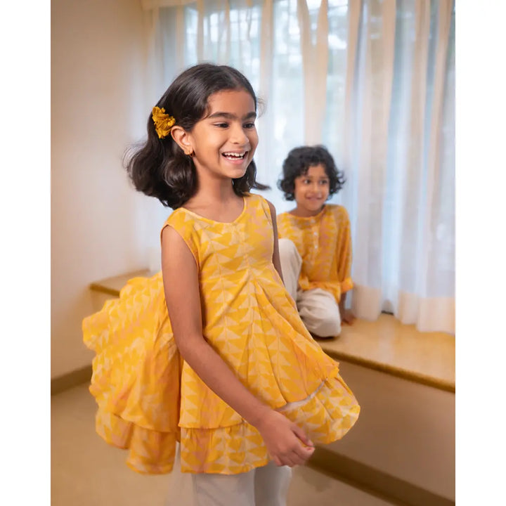 Love The World Today Chandan Mustard Yellow Ruffle Top &amp; Off-White Palazzo Set For Girls