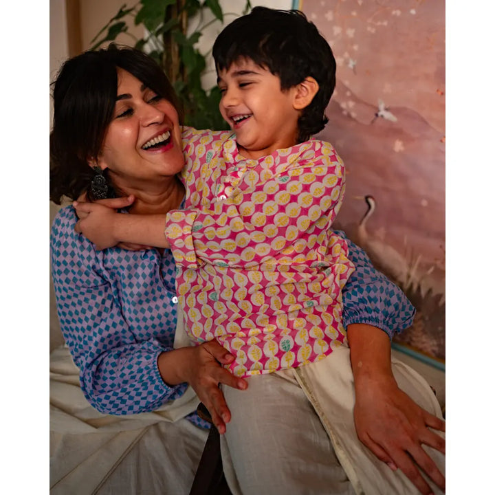 Love The World Today Leela Pink White Monstera Print Full Sleeve Shirt Kurta For Boys
