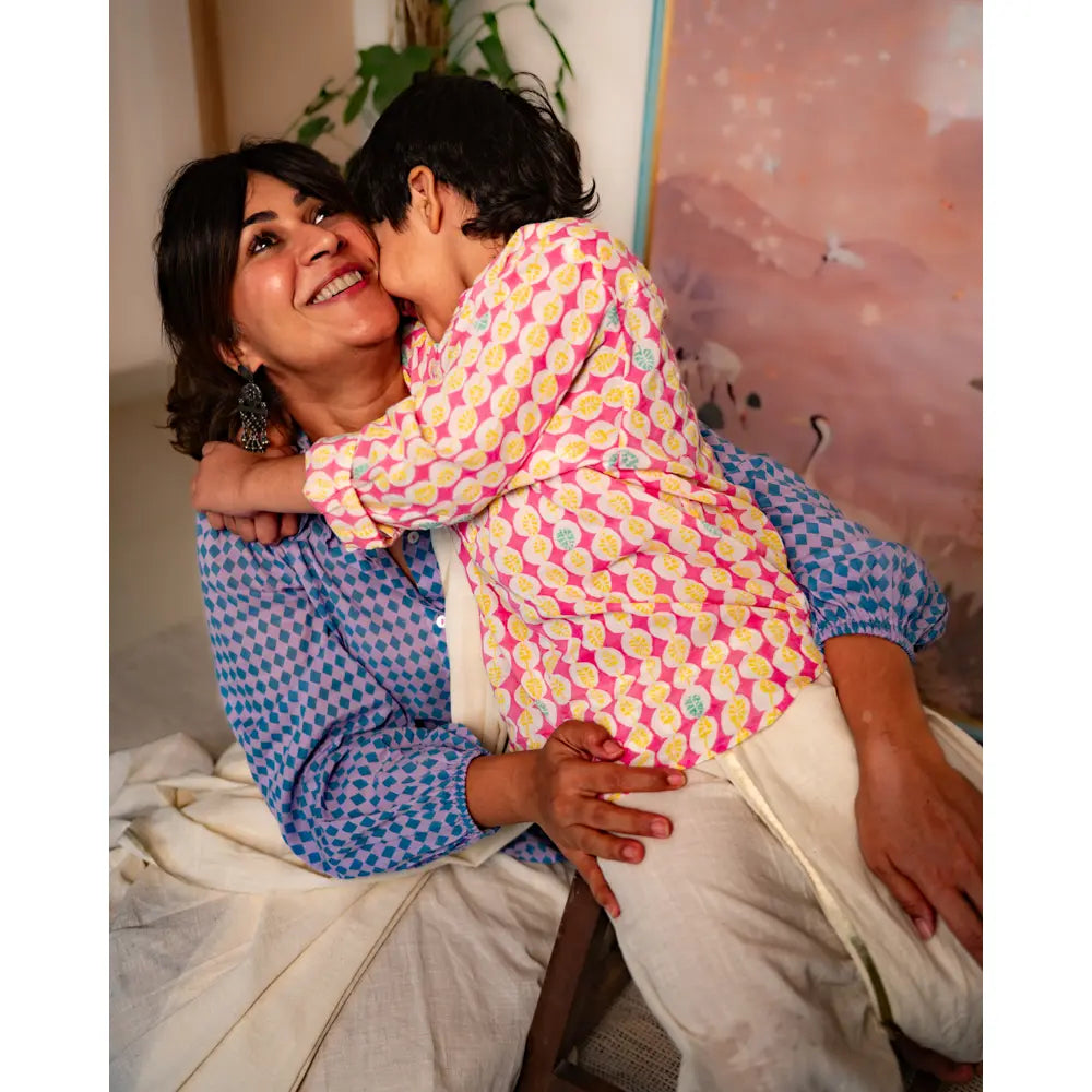 Love The World Today Leela Pink White Monstera Print Full Sleeve Shirt Kurta For Boys