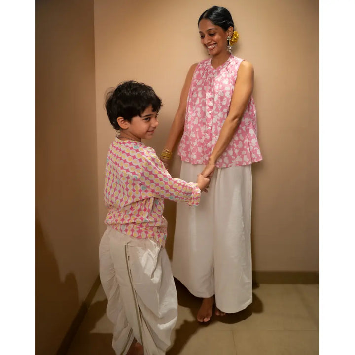 Love The World Today Leela Pink White Monstera Print Full Sleeve Shirt Kurta For Boys