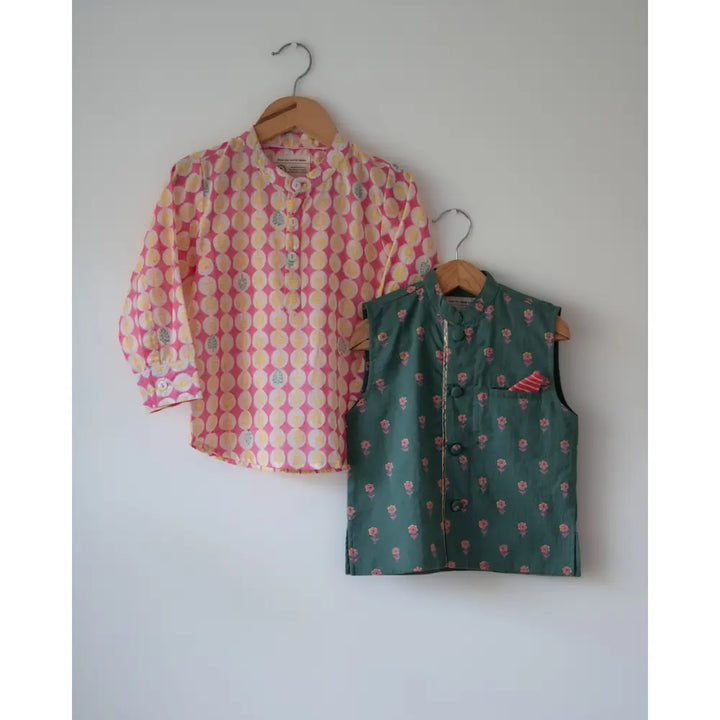 Love The World Today Leela Pink White Monstera Print Full Sleeve Shirt Kurta For Boys