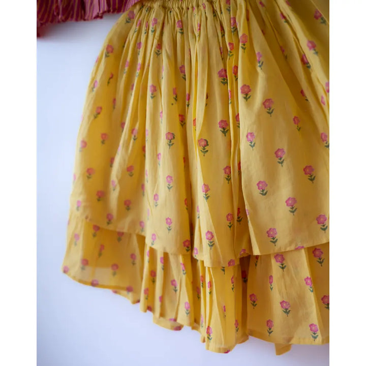 Love The World Today Meera Pink Striped Halter Choli and Yellow Floral Booti Lehenga Set For Girls