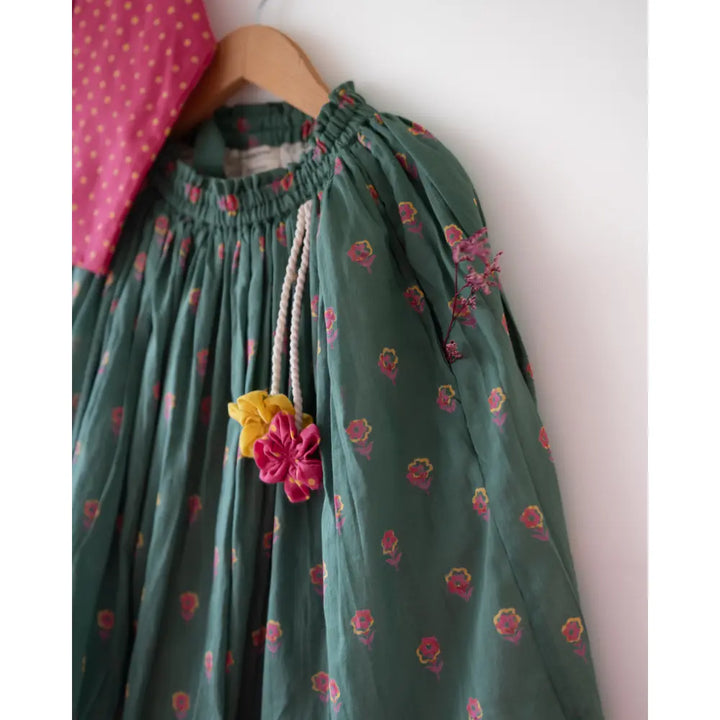 Love The World Today Kopal Magenta Polka Blouse &amp; Green Floral Booti Lehenga Set For Girls