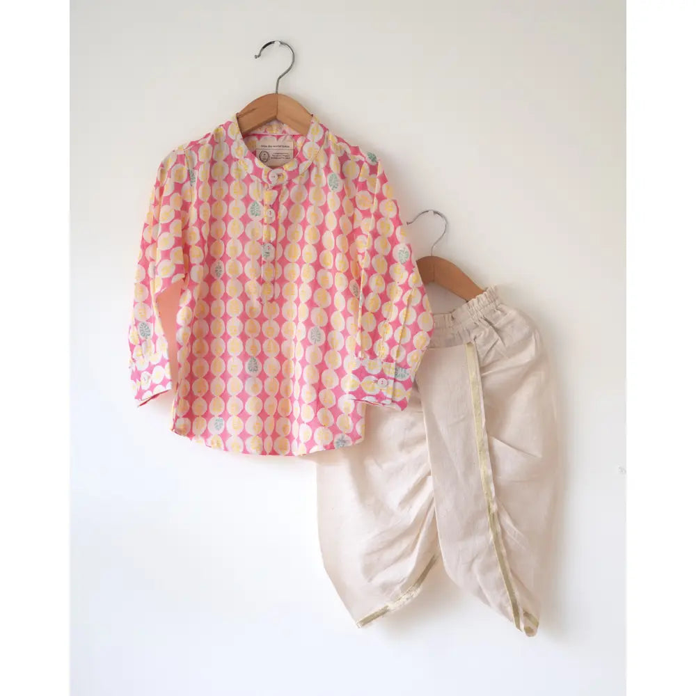 Love The World Today Leela Pink White Monstera Print Full Sleeve Shirt Kurta For Boys