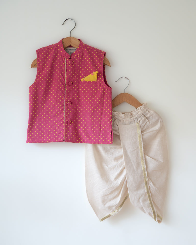 Love The World Today Kumkum Magenta Polka Cotton Bandi Jacket For Boys