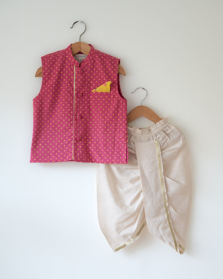Love The World Today Kumkum Magenta Polka Cotton Bandi Jacket For Boys