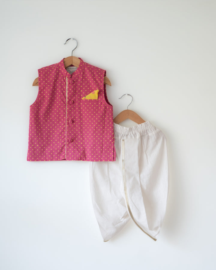 Love The World Today Kumkum Magenta Polka Cotton Bandi Jacket For Boys