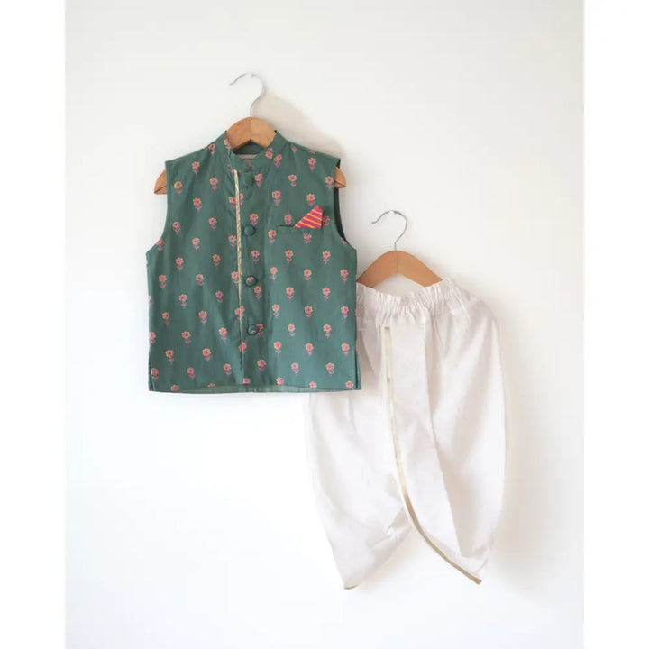 Love The World Today Kopal Green Floral Booti Cotton Bandi Jacket For Boys