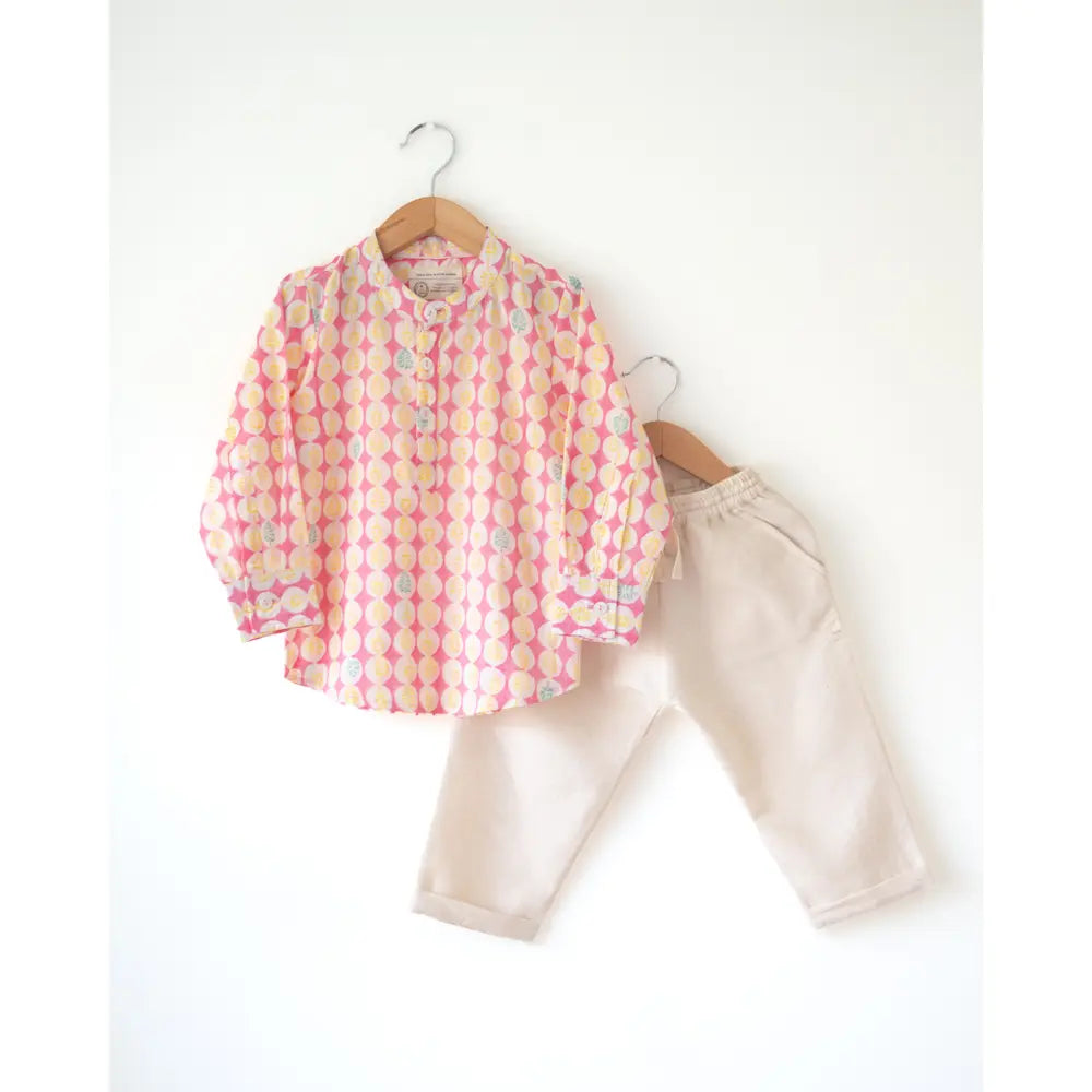 Love The World Today Leela Pink White Monstera Print Full Sleeve Shirt Kurta For Boys